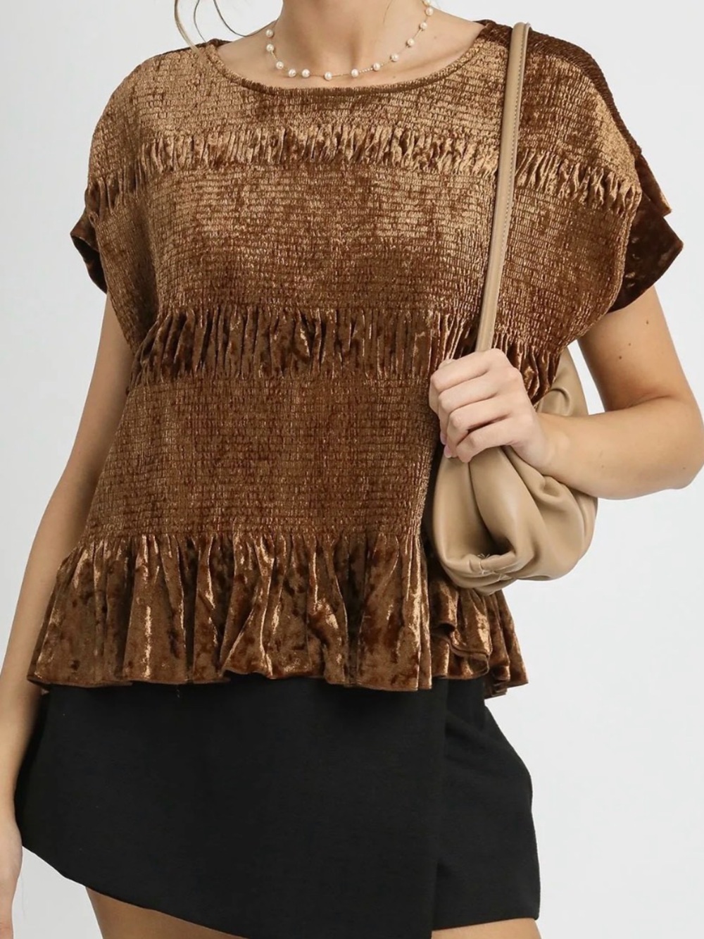 Umgee Velvet Smocked Top in Brown size L